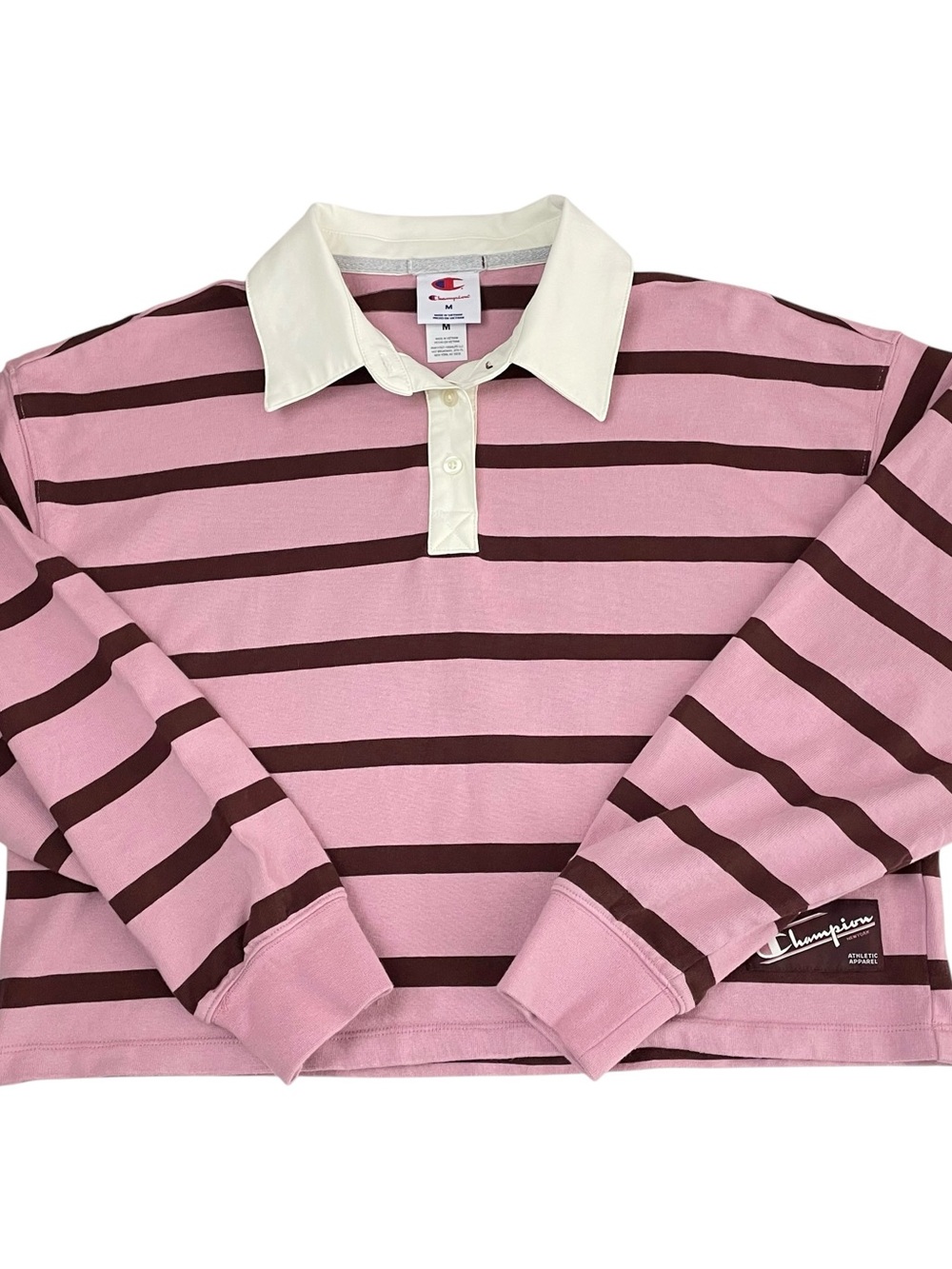 Champion Pink Burgundy Striped Cropped Rugby Shirt Pullover Preppy M - Picture 12 of 13
